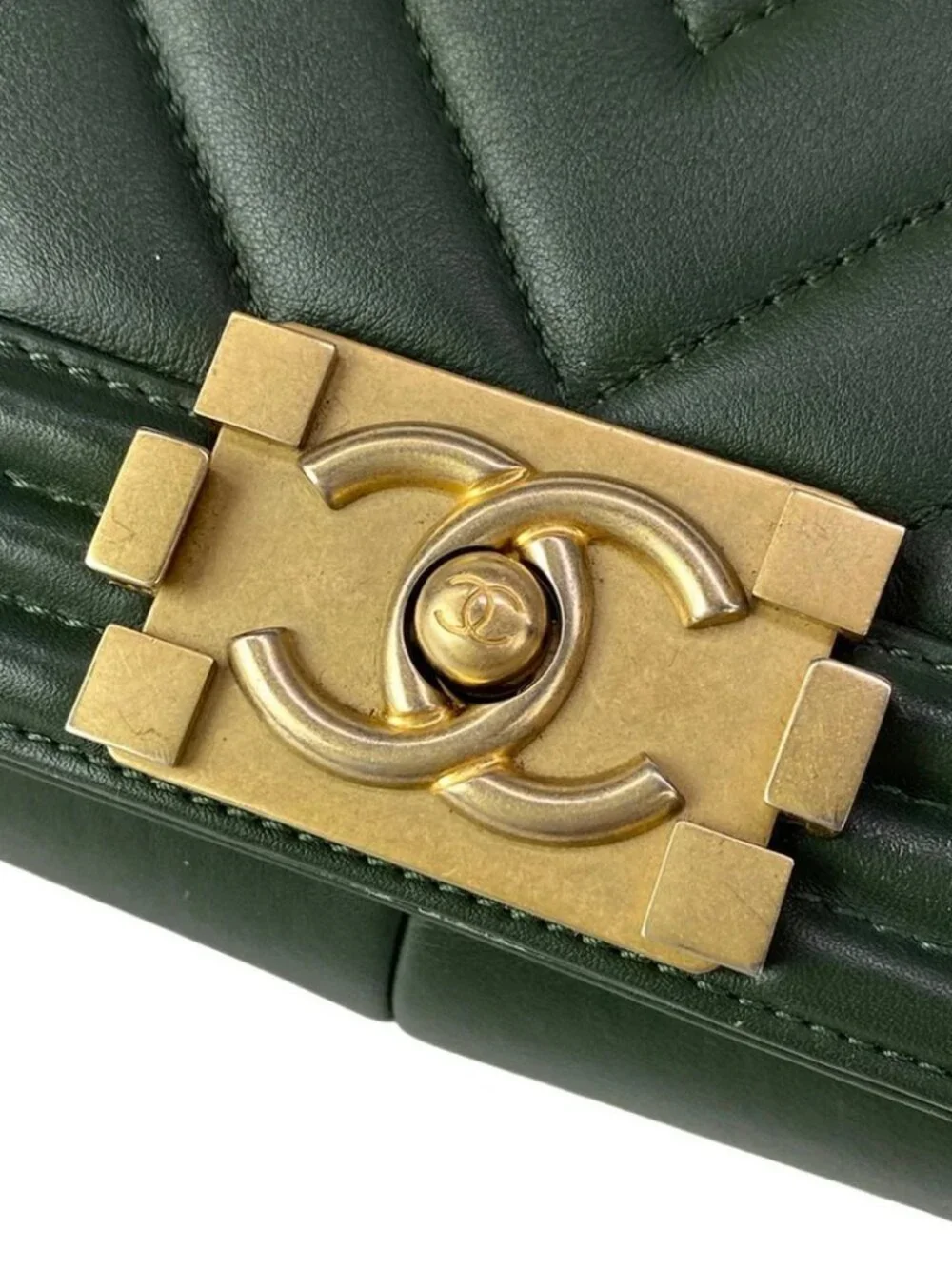 CHANEL Boy Chanel /Matelasse Dark Green Leather Shoulder Bag gold hardware